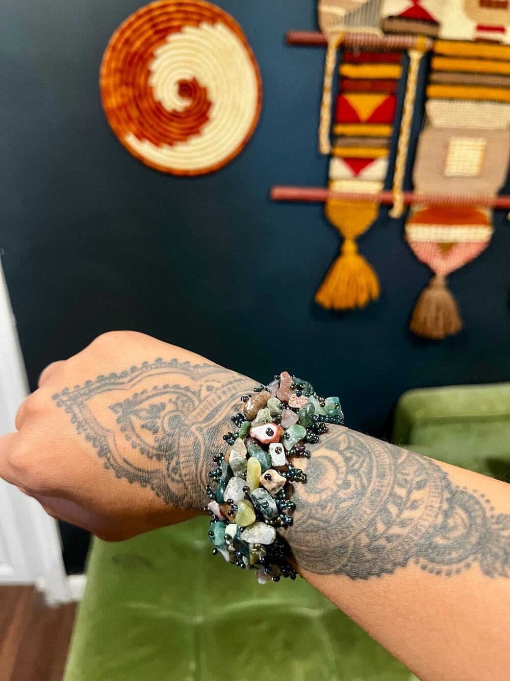 Boho Mixed Stone Chip Beaded Statement Cuff Bracelet